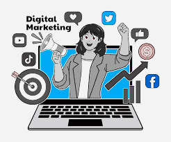 Illustration of a person using a computer to promote products online, representing digital marketing through channels like social media, e-commerce, and online services.