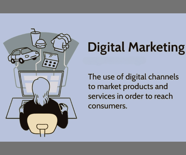 Illustration of a person using a computer to promote products online, representing digital marketing through channels like social media, e-commerce, and online services.